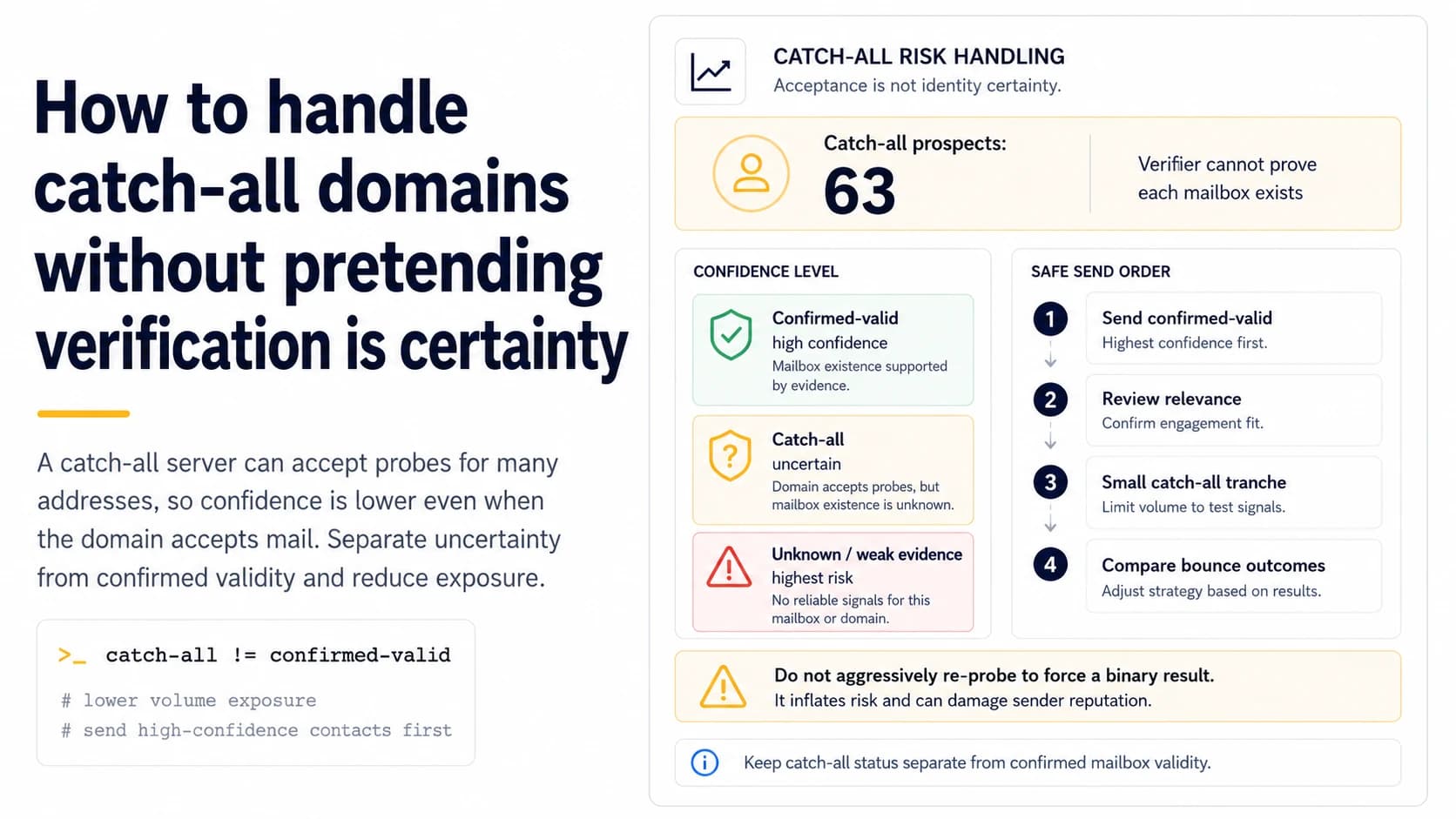 Catch-all risk dashboard separating confirmed-valid, catch-all uncertain, and weak-evidence contacts with a safer send order and reduced exposure.