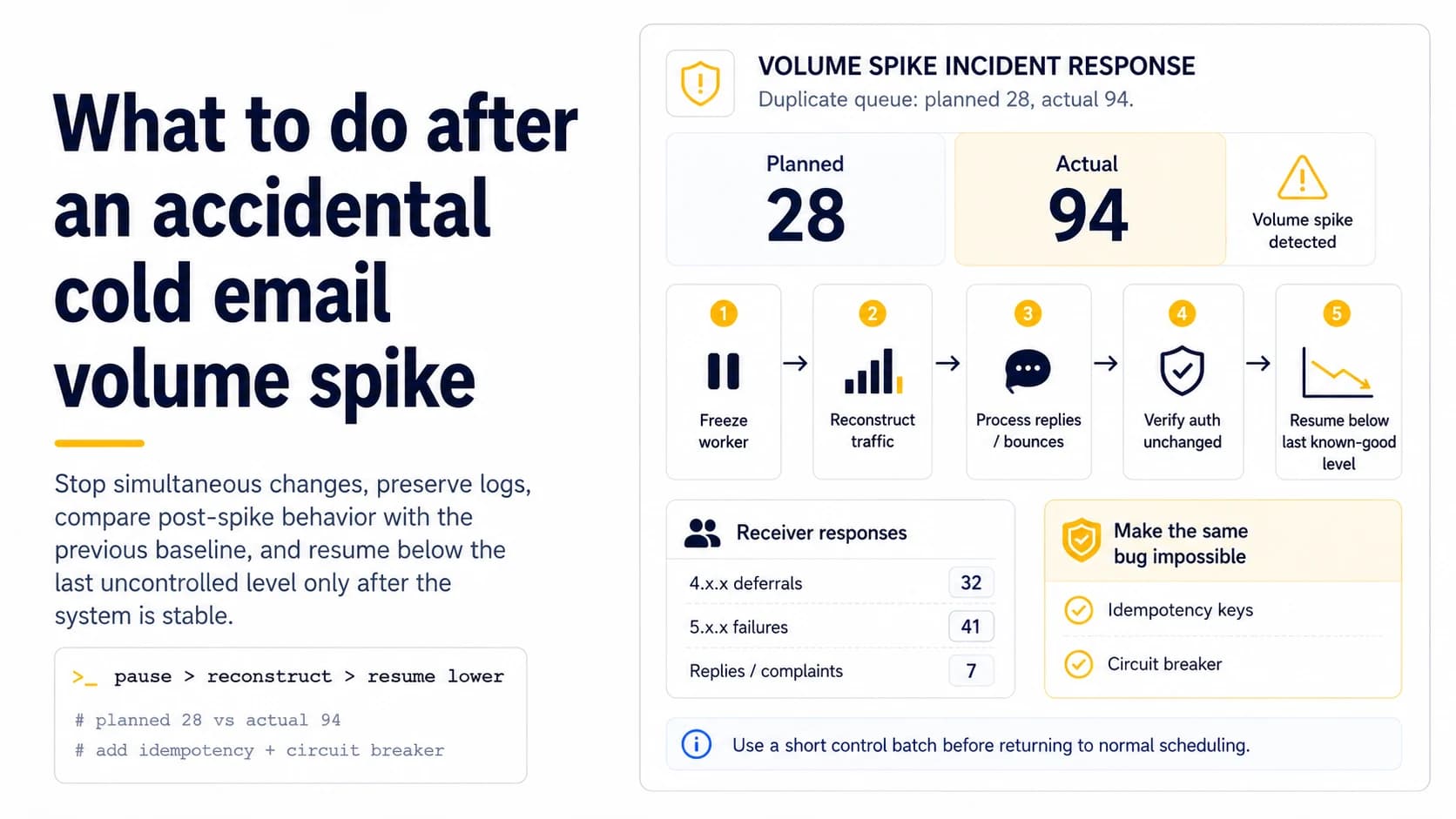 Volume spike incident-response dashboard comparing 28 planned sends with 94 actual sends and showing the freeze, reconstruct, process, verify, and controlled-resume sequence.