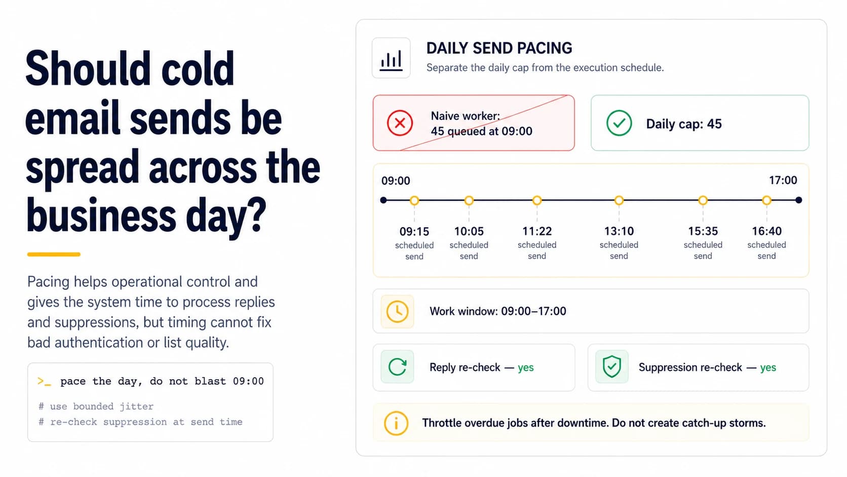 Daily cold email pacing timeline showing a 45-message cap spread from 09:00 to 17:00 with reply and suppression re-checks instead of one morning burst.